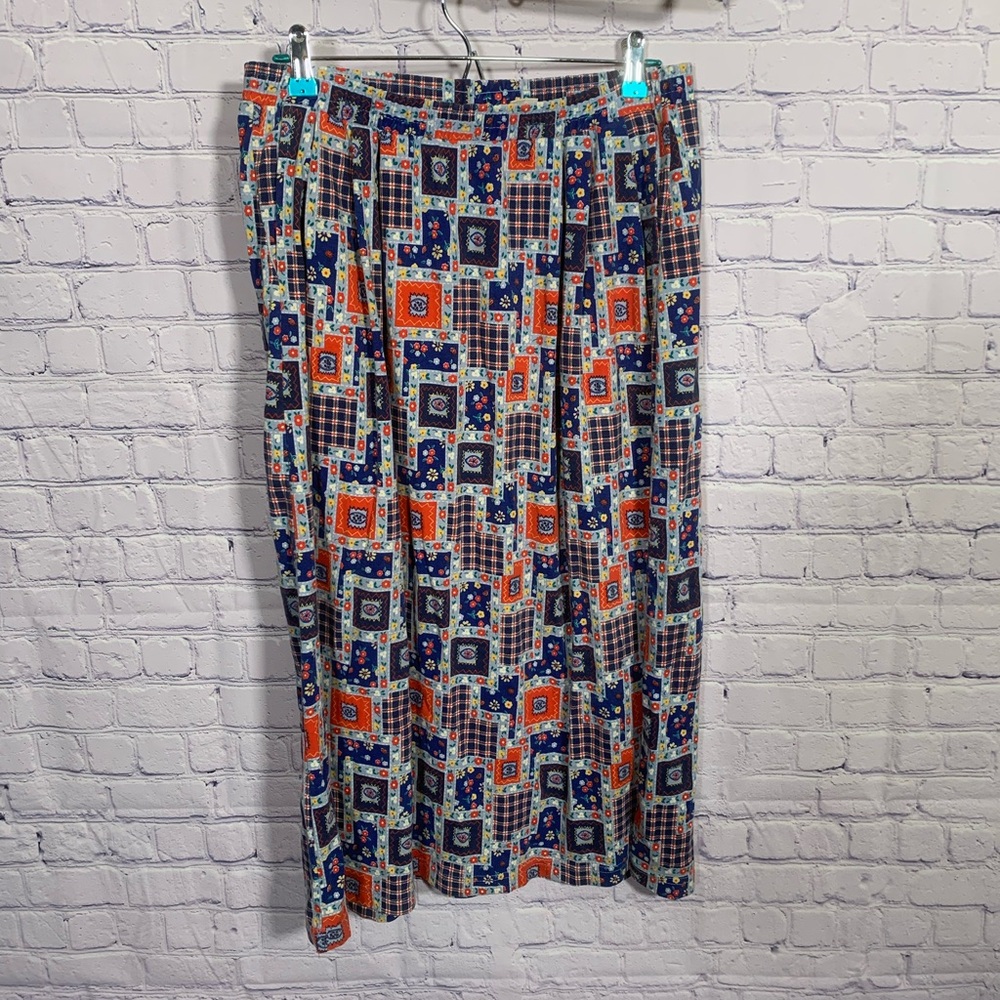 Ashley By 26 International Navy & Orange Patchwork Print Midi Skirt
